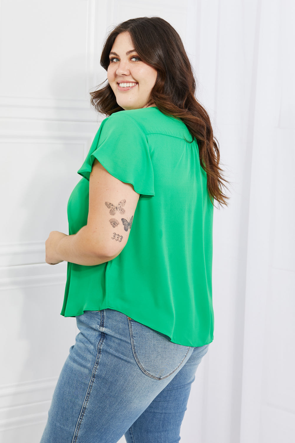 Sew In Love Just For You Full Size Short Ruffled sleeve length Top in Green-Pimamour