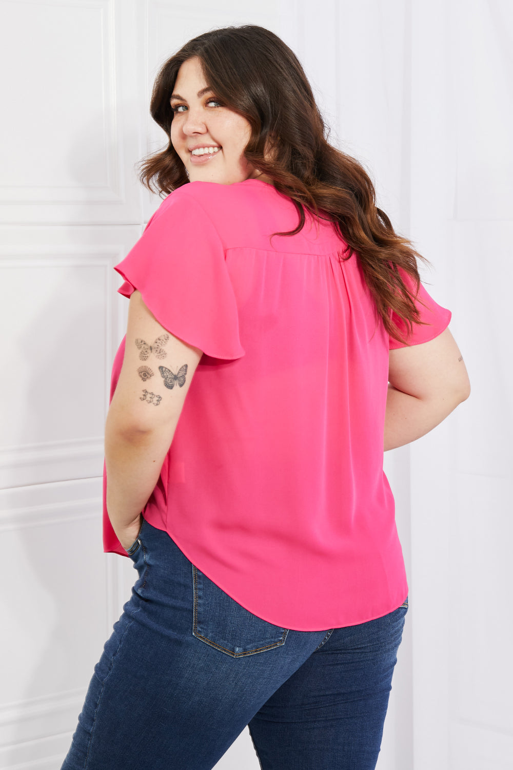 Sew In Love Just For You Full Size Short Ruffled sleeve length Top in Hot Pink-Pimamour