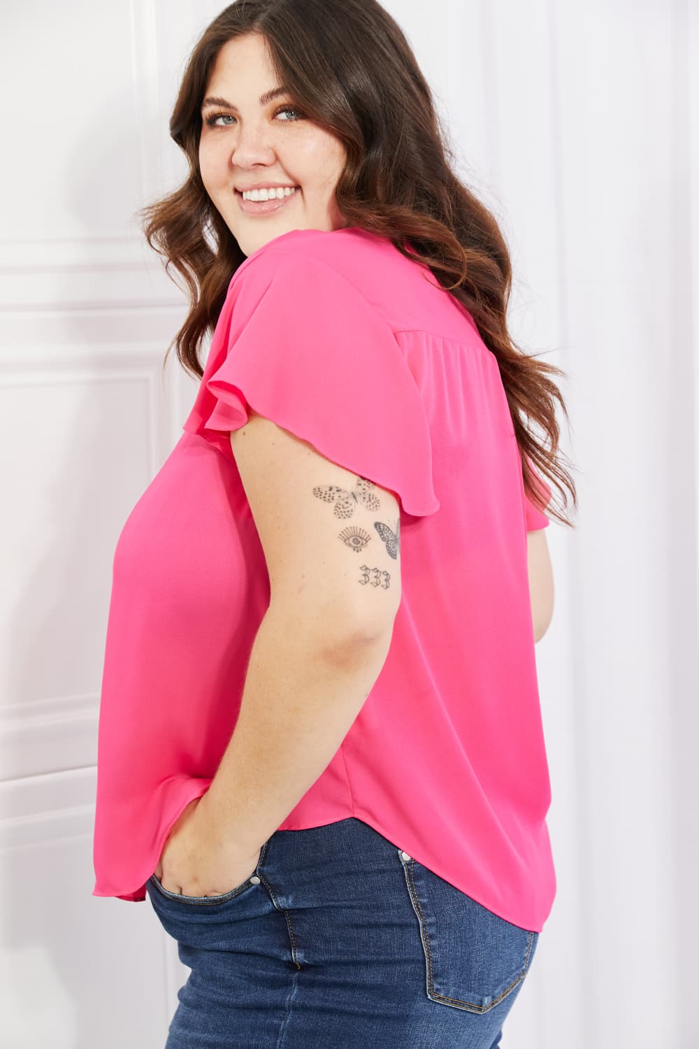 Sew In Love Just For You Full Size Short Ruffled sleeve length Top in Hot Pink-Pimamour