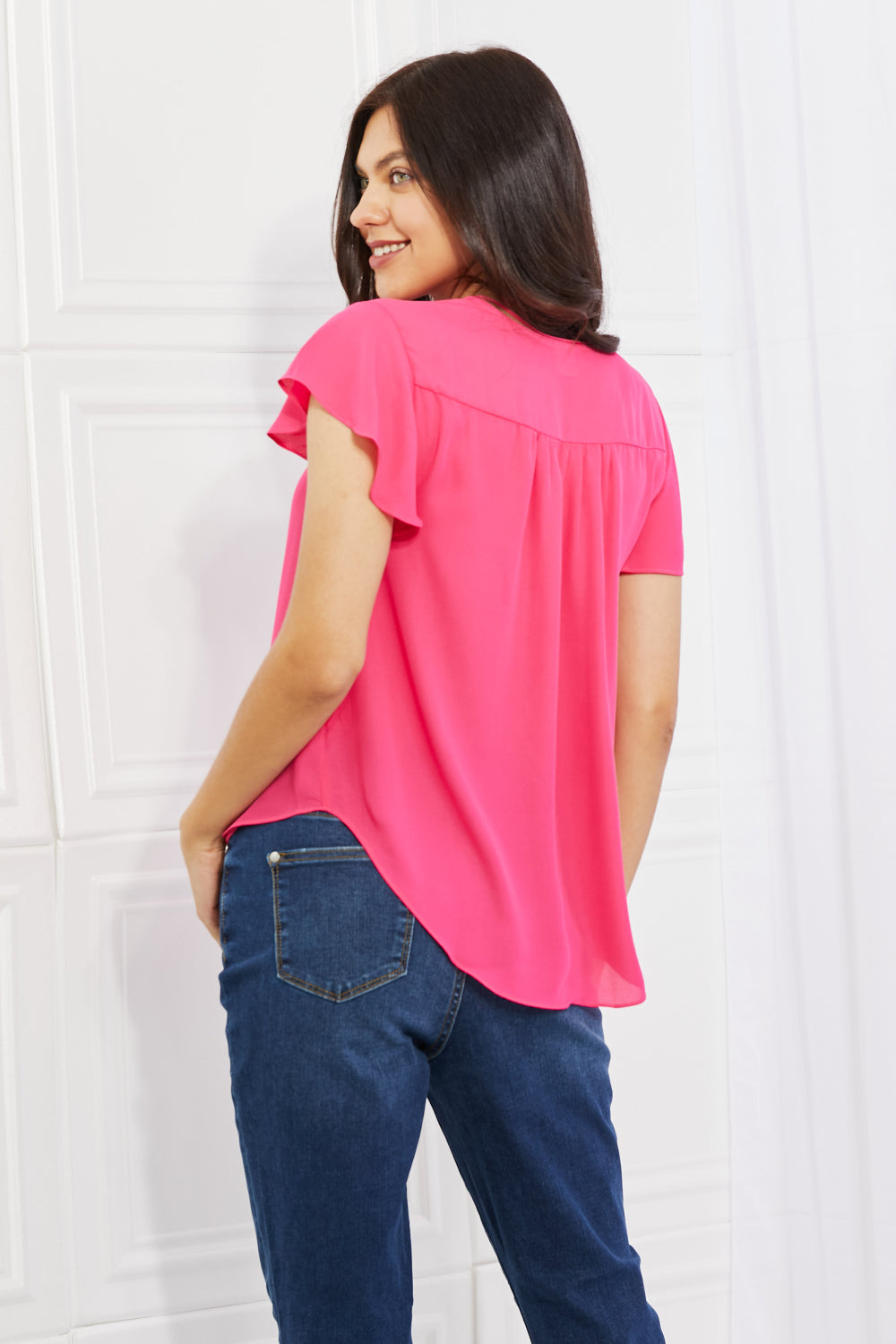 Sew In Love Just For You Full Size Short Ruffled sleeve length Top in Hot Pink-Pimamour