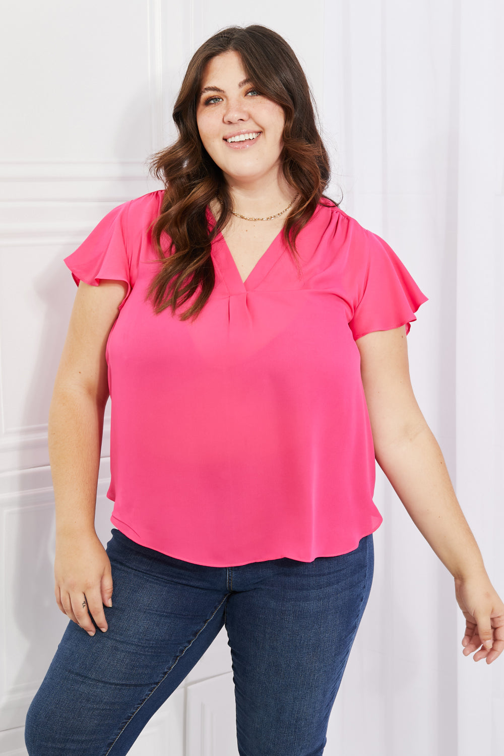 Sew In Love Just For You Full Size Short Ruffled sleeve length Top in Hot Pink-Pimamour