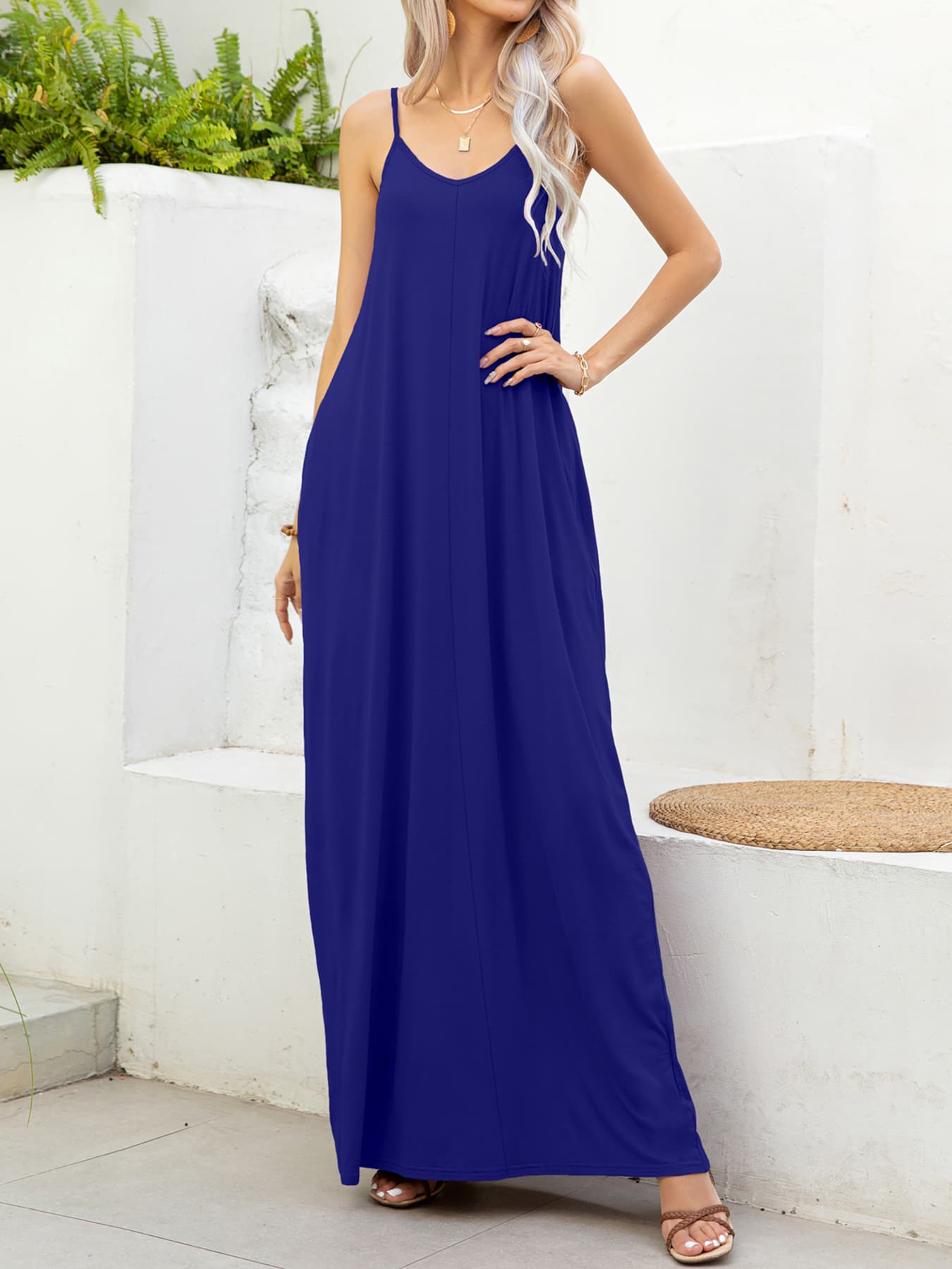 Spaghetti Strap V-Neck Maxi Dress with Pockets-Pimamour