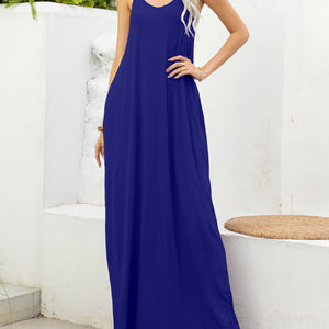 Spaghetti Strap V-Neck Maxi Dress with Pockets-Pimamour