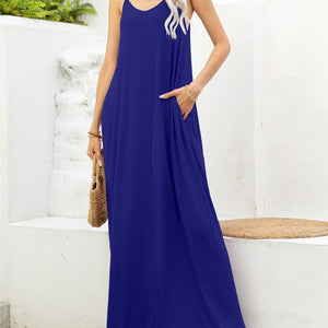 Spaghetti Strap V-Neck Maxi Dress with Pockets-Pimamour