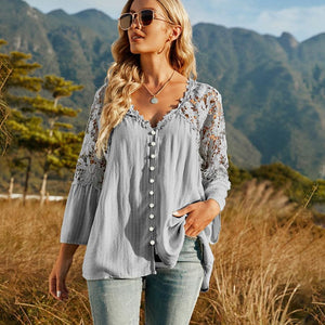 Spliced Lace Buttoned Blouse-Pimamour