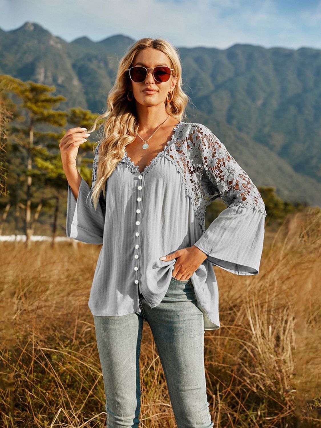 Spliced Lace Buttoned Blouse-Pimamour