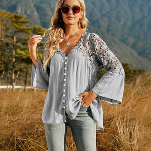 Spliced Lace Buttoned Blouse-Pimamour