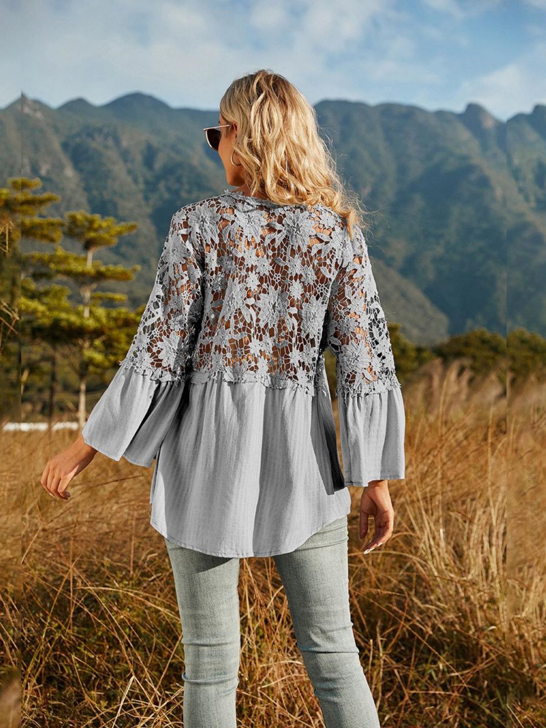 Spliced Lace Buttoned Blouse-Pimamour