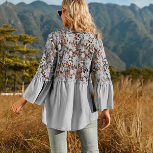 Spliced Lace Buttoned Blouse-Pimamour