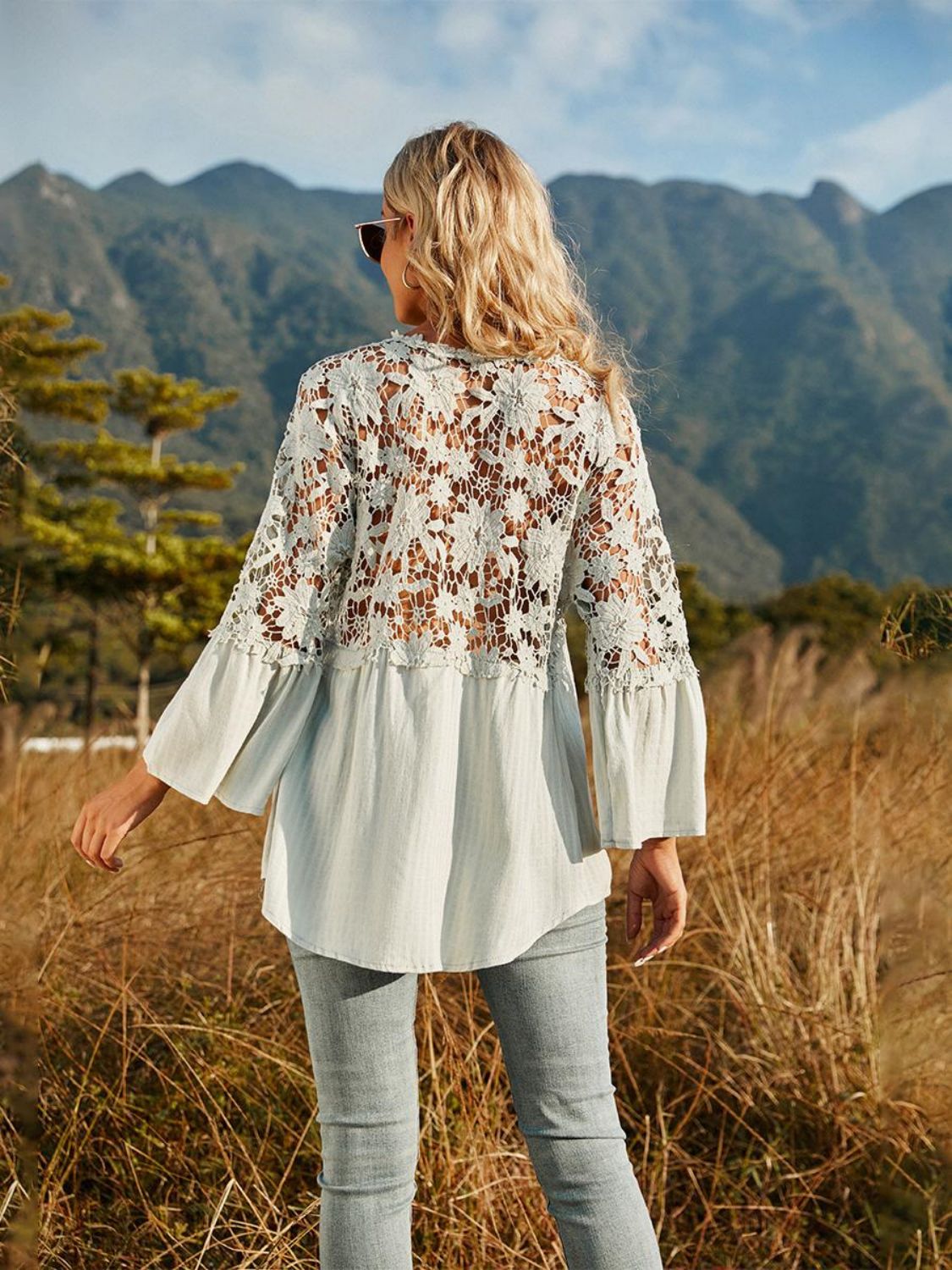 Spliced Lace Buttoned Blouse-Pimamour