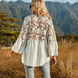 Spliced Lace Buttoned Blouse-Pimamour