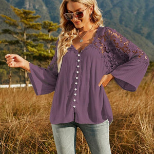 Spliced Lace Buttoned Blouse-Pimamour