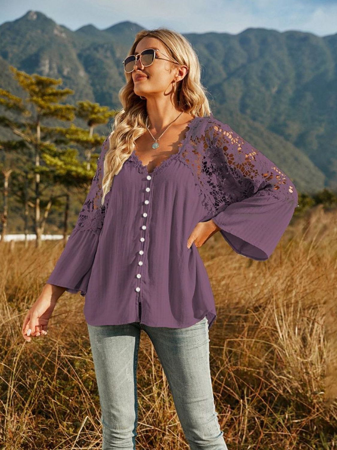 Spliced Lace Buttoned Blouse-Pimamour