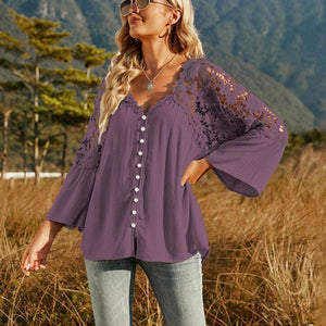 Spliced Lace Buttoned Blouse-Pimamour