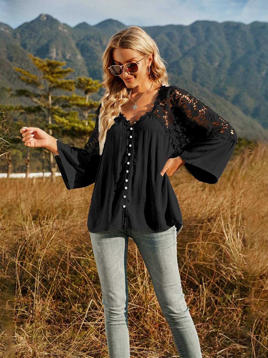 Spliced Lace Buttoned Blouse-Pimamour