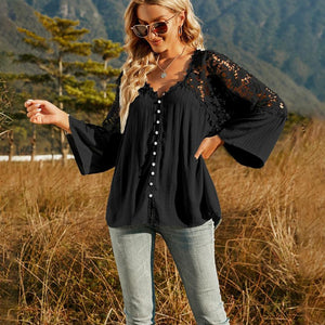 Spliced Lace Buttoned Blouse-Pimamour