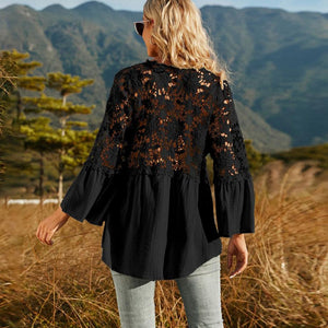 Spliced Lace Buttoned Blouse-Pimamour