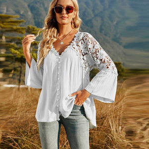 Spliced Lace Buttoned Blouse-Pimamour