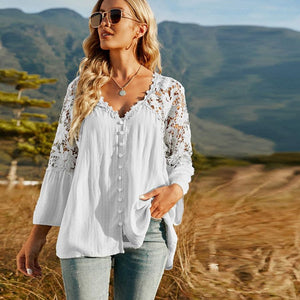 Spliced Lace Buttoned Blouse-Pimamour