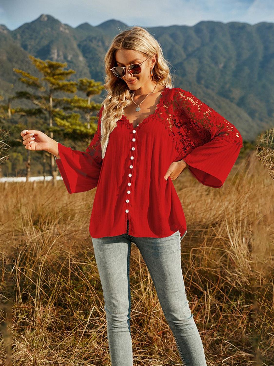 Spliced Lace Buttoned Blouse-Pimamour