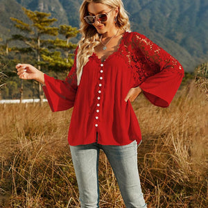 Spliced Lace Buttoned Blouse-Pimamour