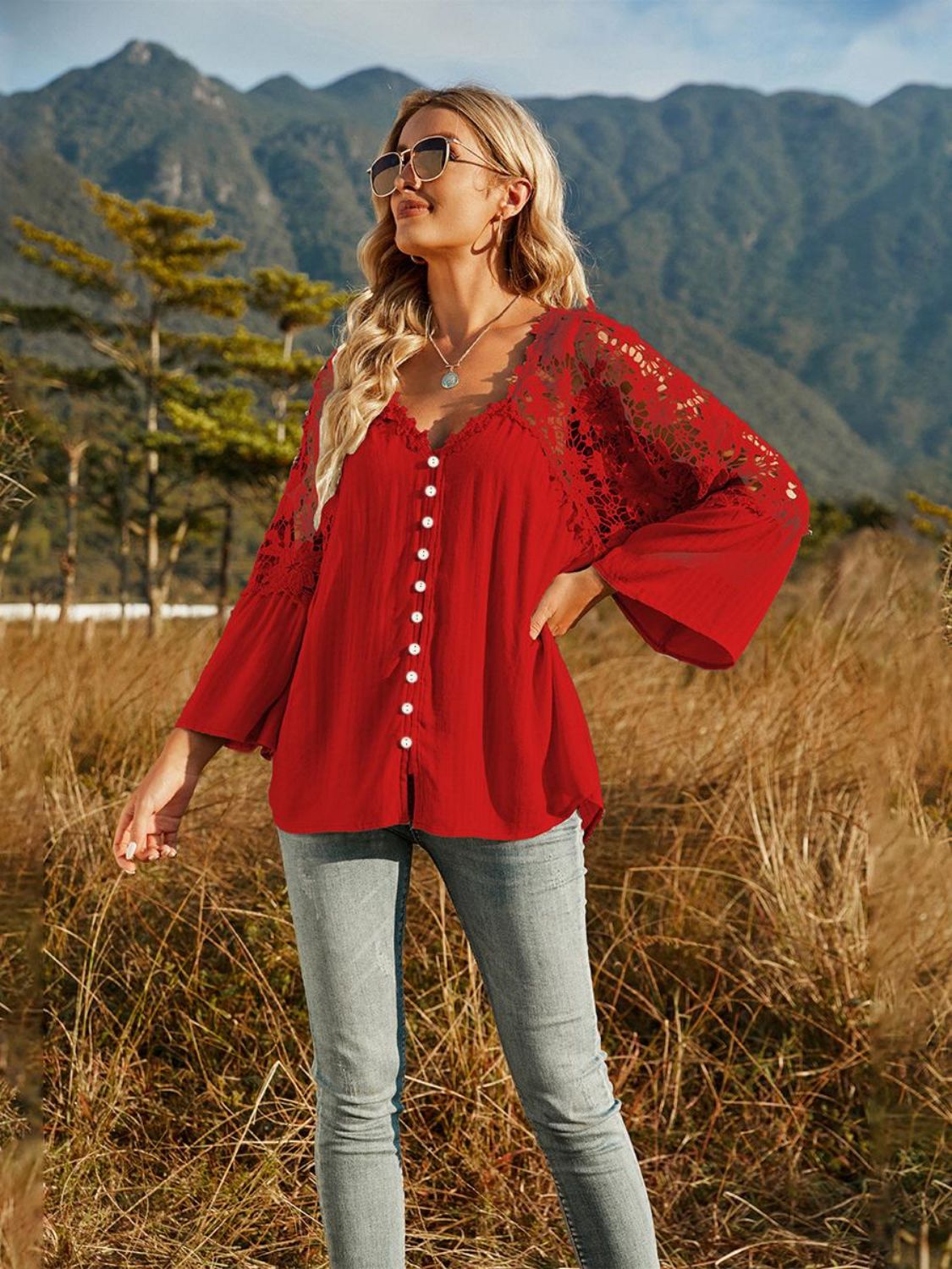 Spliced Lace Buttoned Blouse-Pimamour