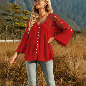 Spliced Lace Buttoned Blouse-Pimamour