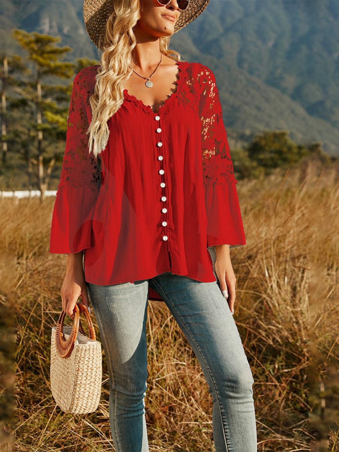 Spliced Lace Buttoned Blouse-Pimamour