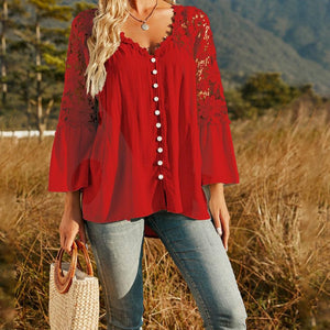 Spliced Lace Buttoned Blouse-Pimamour