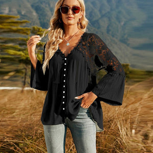 Spliced Lace Buttoned Blouse-Pimamour