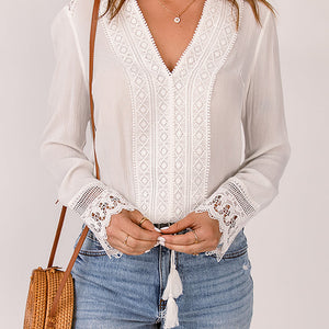 Spliced Lace V-Neck Long Sleeve Blouse-Pimamour