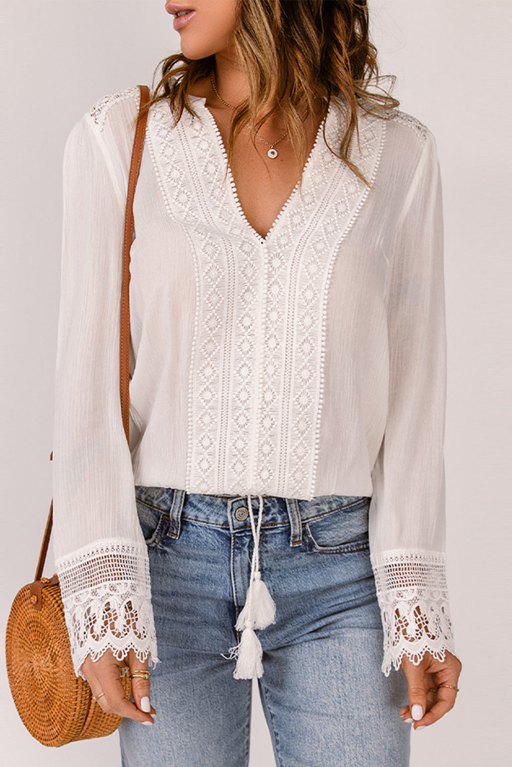 Spliced Lace V-Neck Long Sleeve Blouse-Pimamour