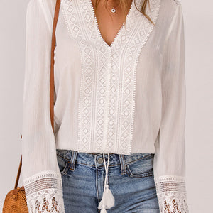 Spliced Lace V-Neck Long Sleeve Blouse-Pimamour