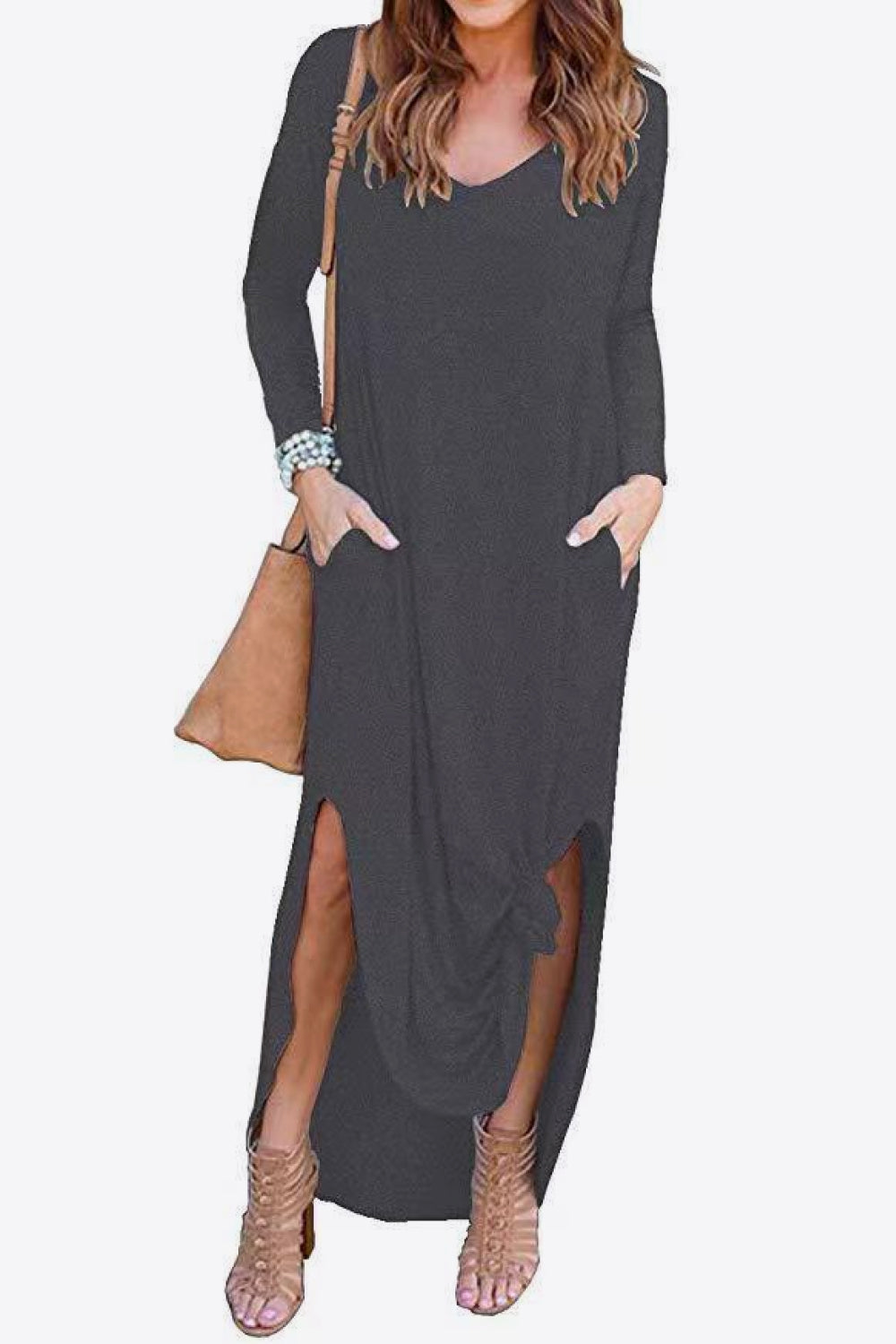 Split Long Sleeve V-Neck Maxi Dress-Pimamour