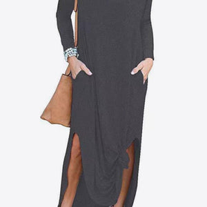 Split Long Sleeve V-Neck Maxi Dress-Pimamour