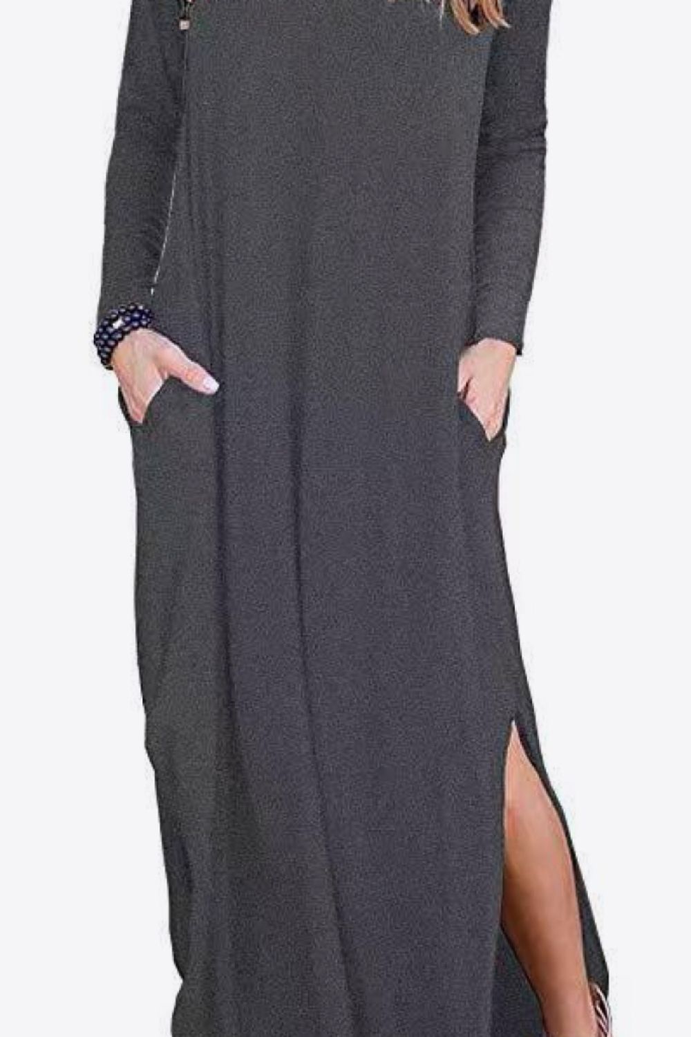 Split Long Sleeve V-Neck Maxi Dress-Pimamour