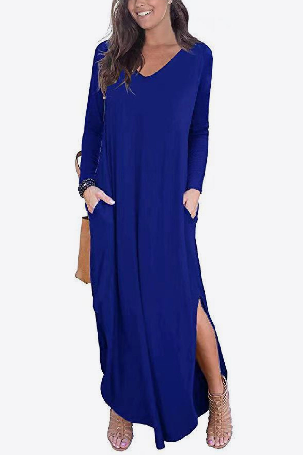 Split Long Sleeve V-Neck Maxi Dress-Pimamour