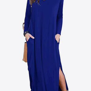 Split Long Sleeve V-Neck Maxi Dress-Pimamour