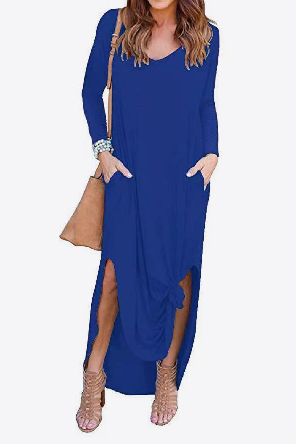 Split Long Sleeve V-Neck Maxi Dress-Pimamour