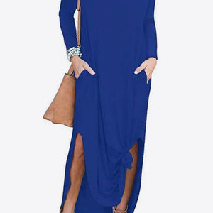 Split Long Sleeve V-Neck Maxi Dress-Pimamour