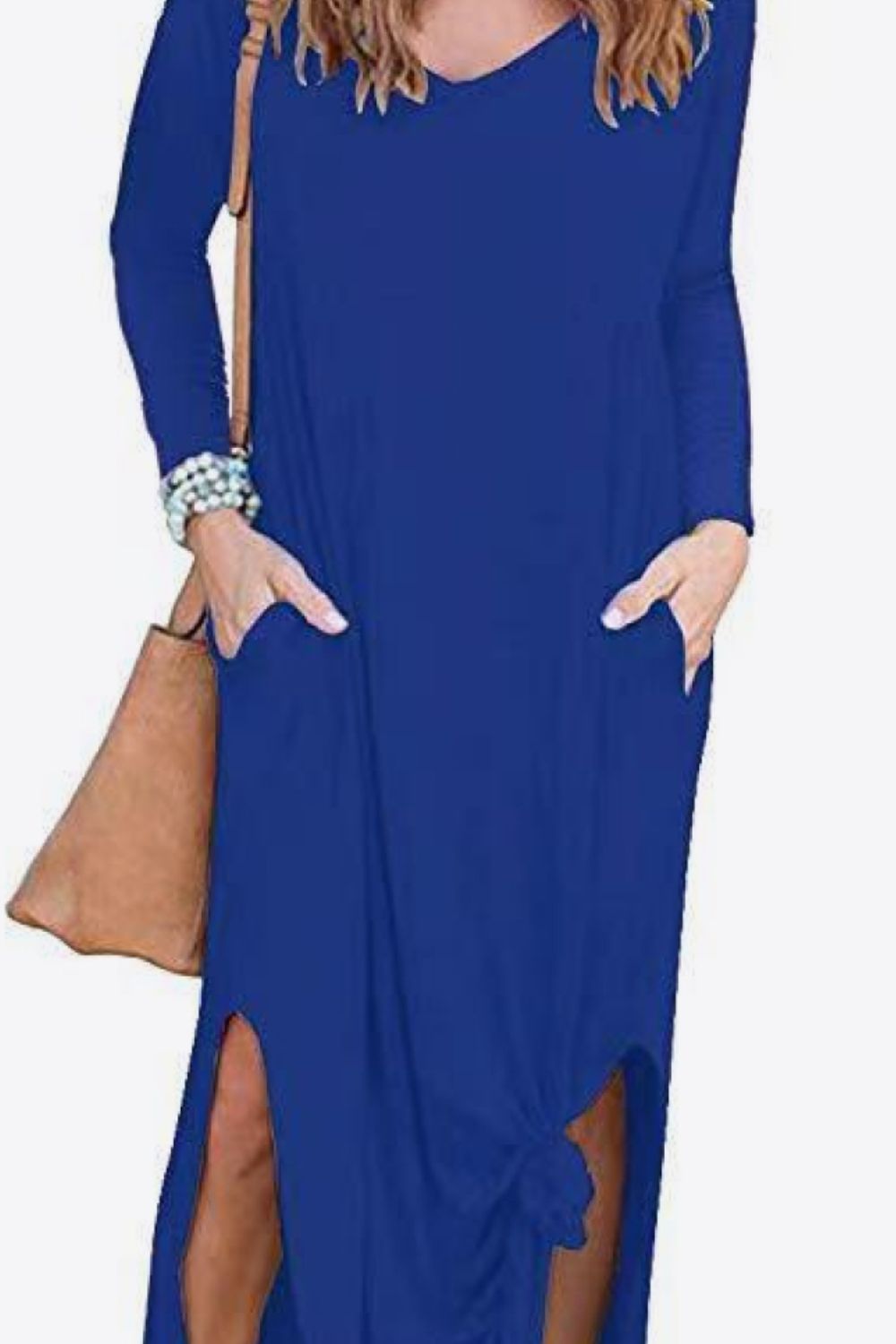 Split Long Sleeve V-Neck Maxi Dress-Pimamour