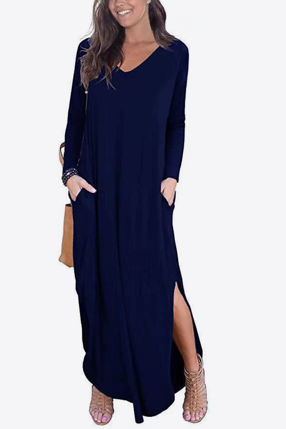 Split Long Sleeve V-Neck Maxi Dress-Pimamour