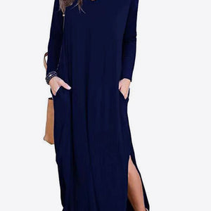 Split Long Sleeve V-Neck Maxi Dress-Pimamour