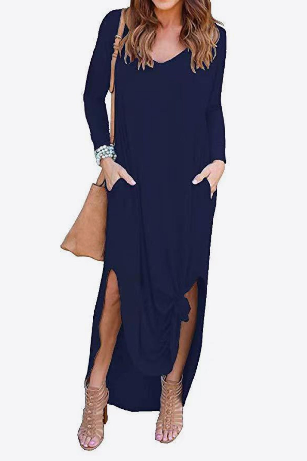 Split Long Sleeve V-Neck Maxi Dress-Pimamour