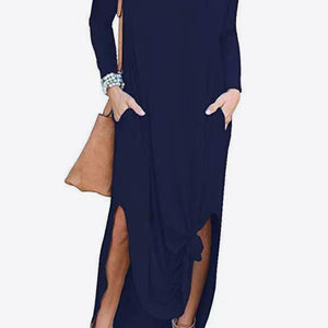 Split Long Sleeve V-Neck Maxi Dress-Pimamour