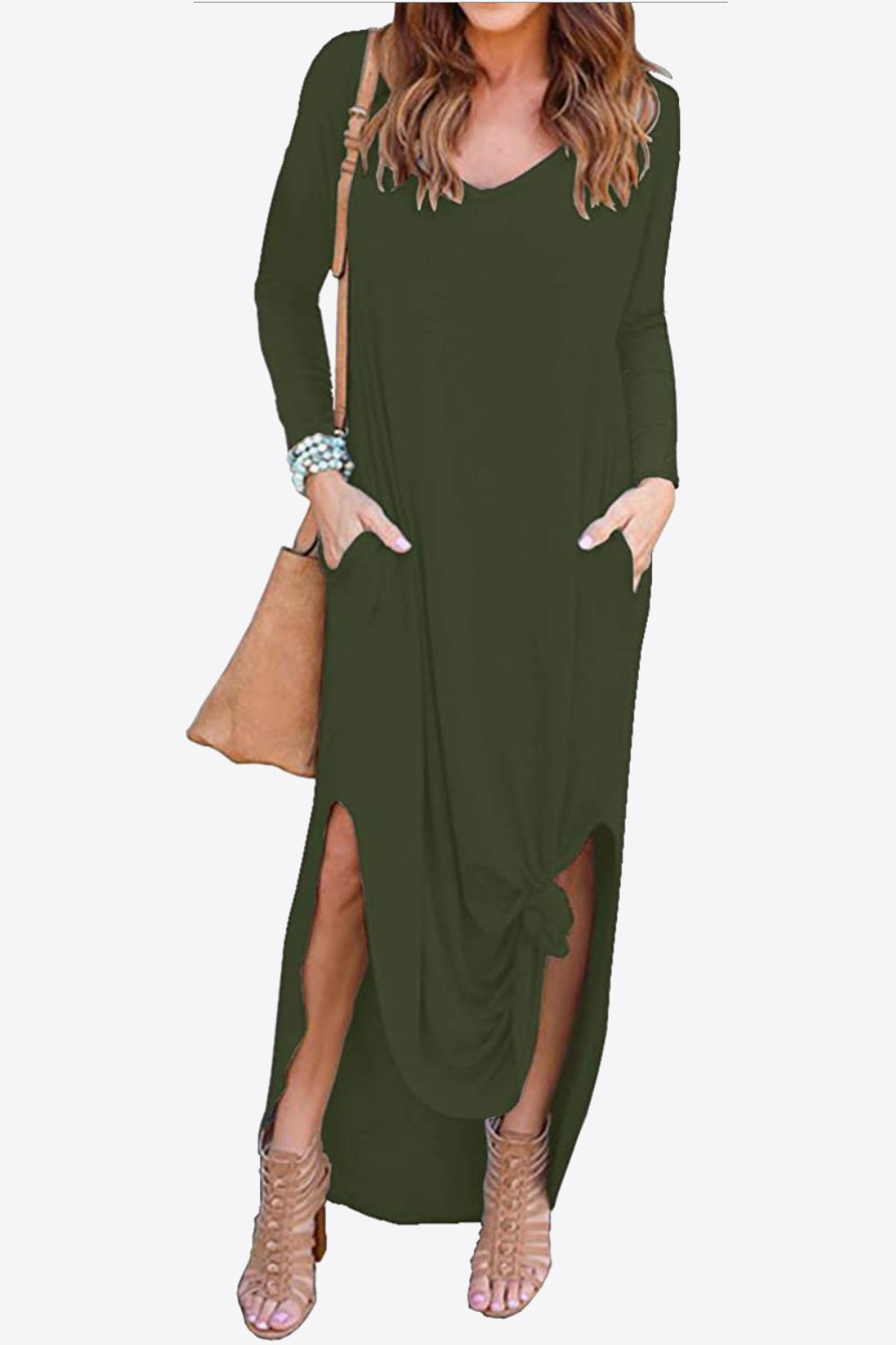 Split Long Sleeve V-Neck Maxi Dress-Pimamour