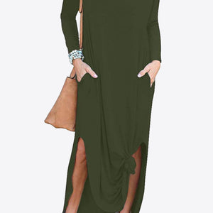 Split Long Sleeve V-Neck Maxi Dress-Pimamour