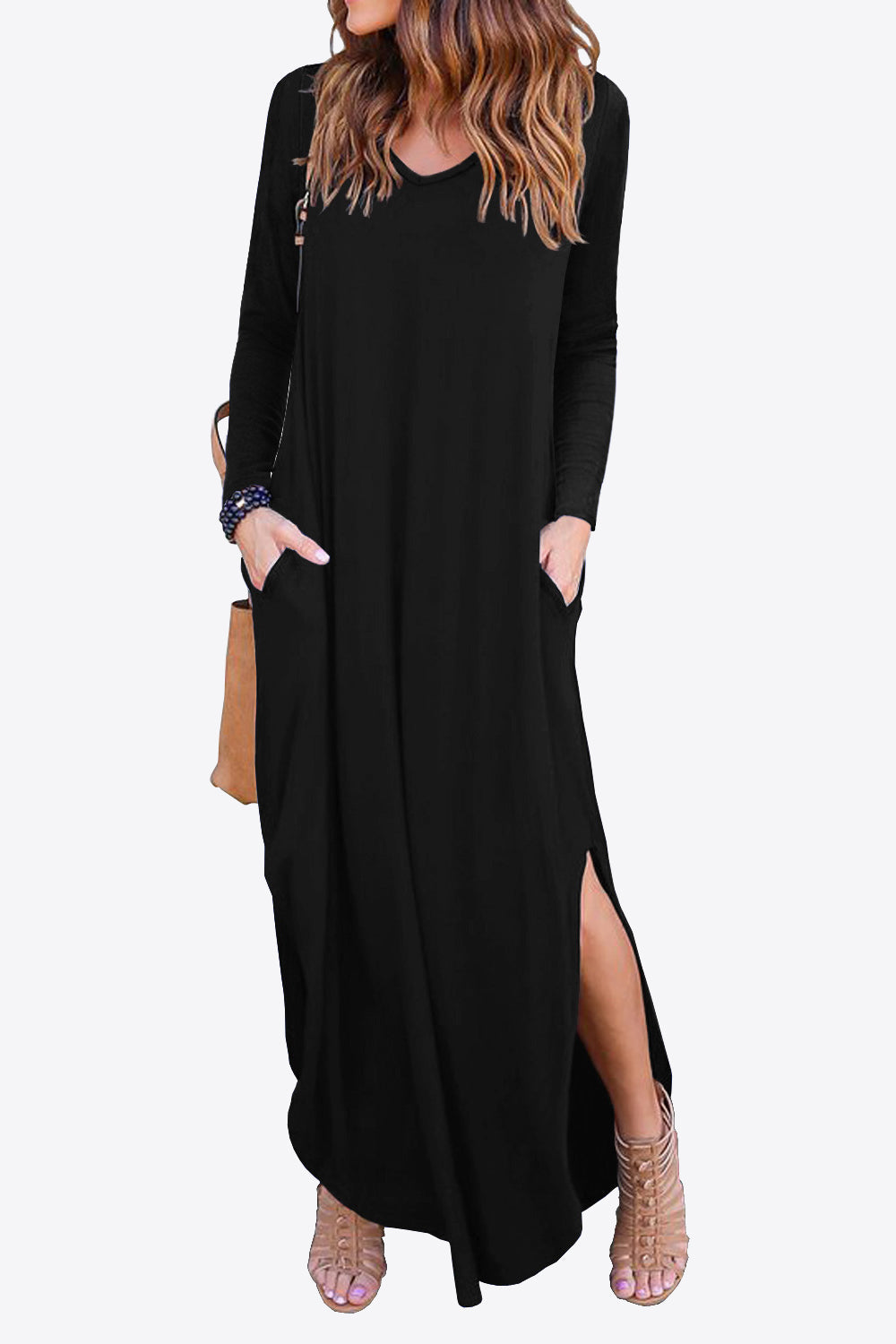 Split Long Sleeve V-Neck Maxi Dress-Pimamour