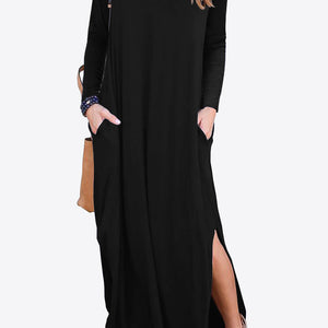 Split Long Sleeve V-Neck Maxi Dress-Pimamour