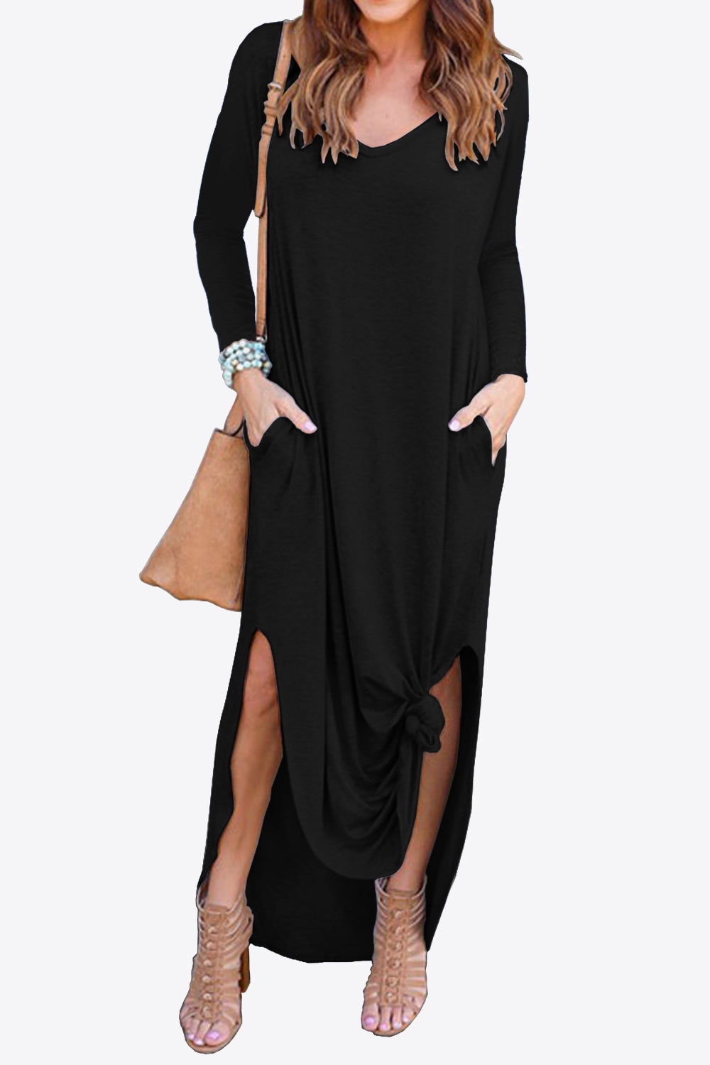 Split Long Sleeve V-Neck Maxi Dress-Pimamour